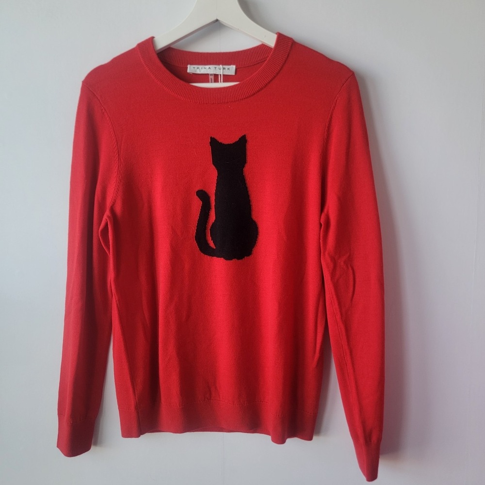 Trina‎ Turk women's red Ziggy sweater size XS with a black cat motif wool